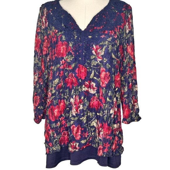 Lee Tops - Lee Floral Lace Tunic Top Womens XL Navy Hot Pink Flowy Cottage 90s Y2k Fairy